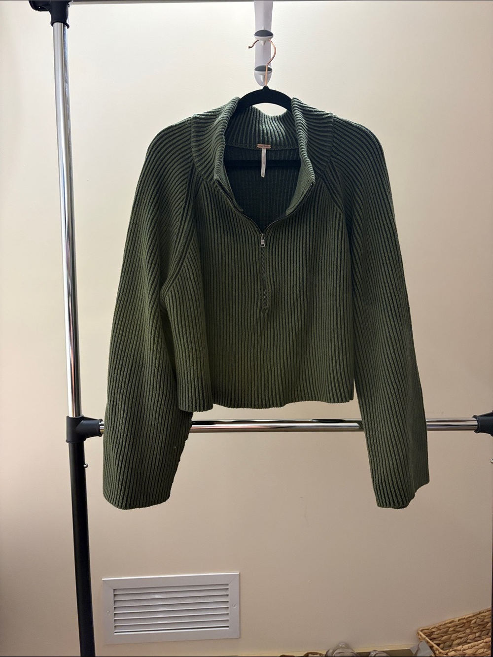 Free People Olive Green Ribbed Half-Zip Turtleneck Sweater